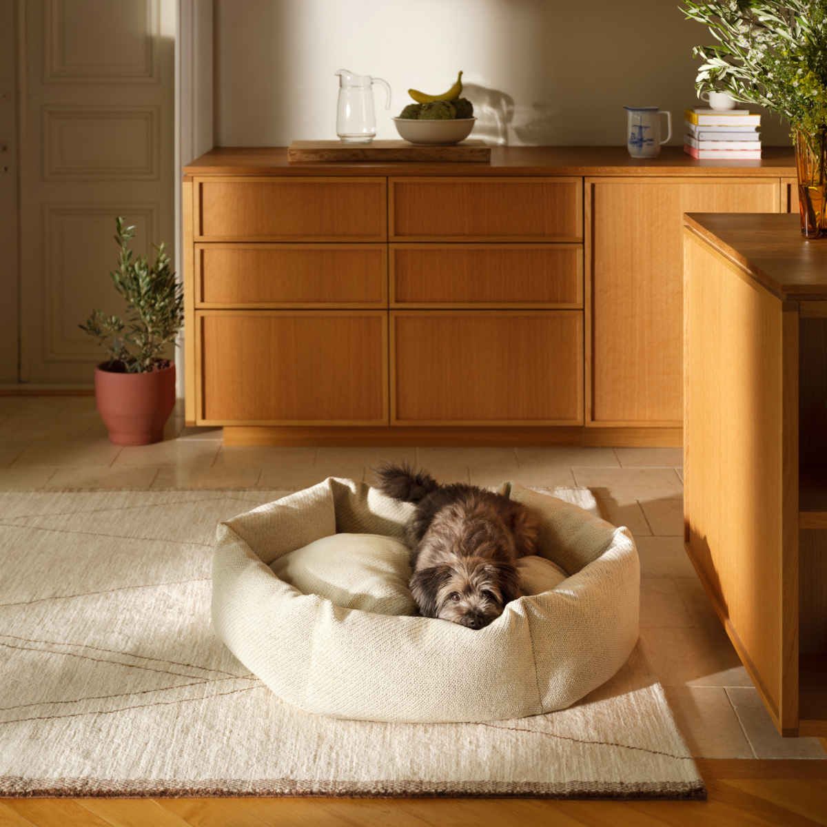 Kanto luxury dog bed placed in a stylish kitchen, showcasing how high-quality design complements modern interiors.